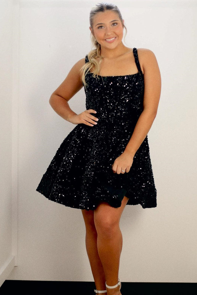 A-Line Square Neck Sequin Short Party Dress