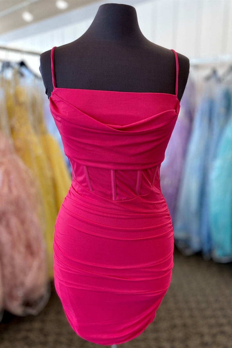 Fitted Fuchsia Straps Pleated Short Homecoming Dress