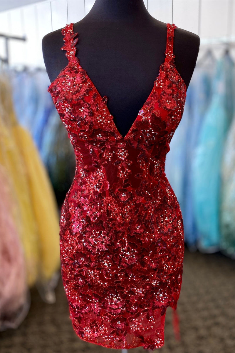 V-Neck Burgundy Sequin Appliques Tight Homecoming Dress