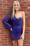 One Shoulder Long Sleeve Purple Sequin Short Homecoming Dress