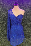 One Shoulder Long Sleeve Purple Sequin Short Homecoming Dress