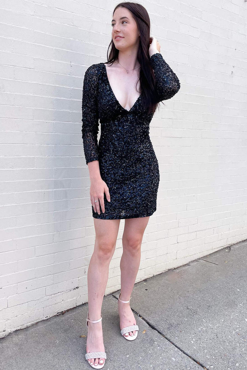 V-Neck Black Sequin Tight Homecoming Dress with Long Sleeves