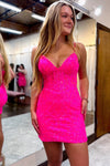 Spaghetti Straps Hot Pink Corset Sequin Short Homecoming Dress