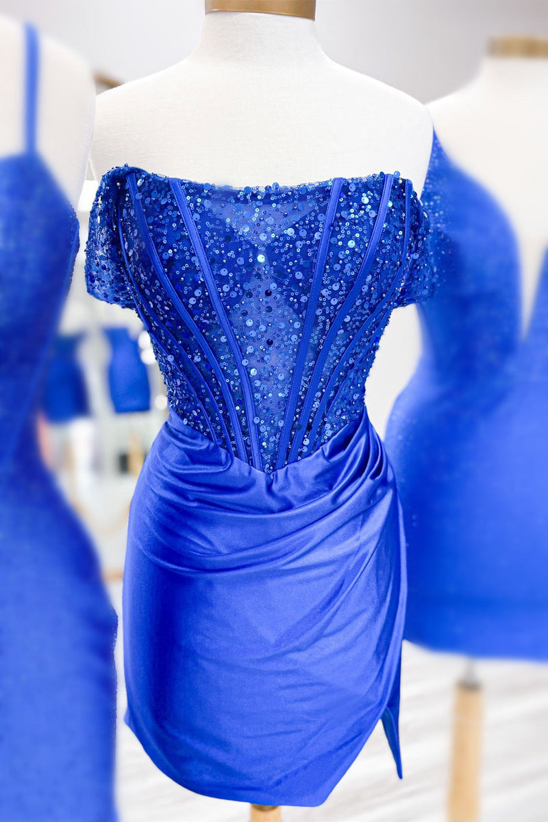 Off the Shoulder Royal Blue Sequin Top Short Homecoming Dress