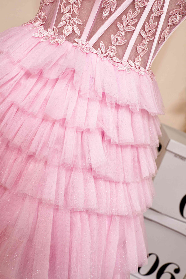 Sweetheart Pink Lace Corset Tiered Short Homecoming Dress