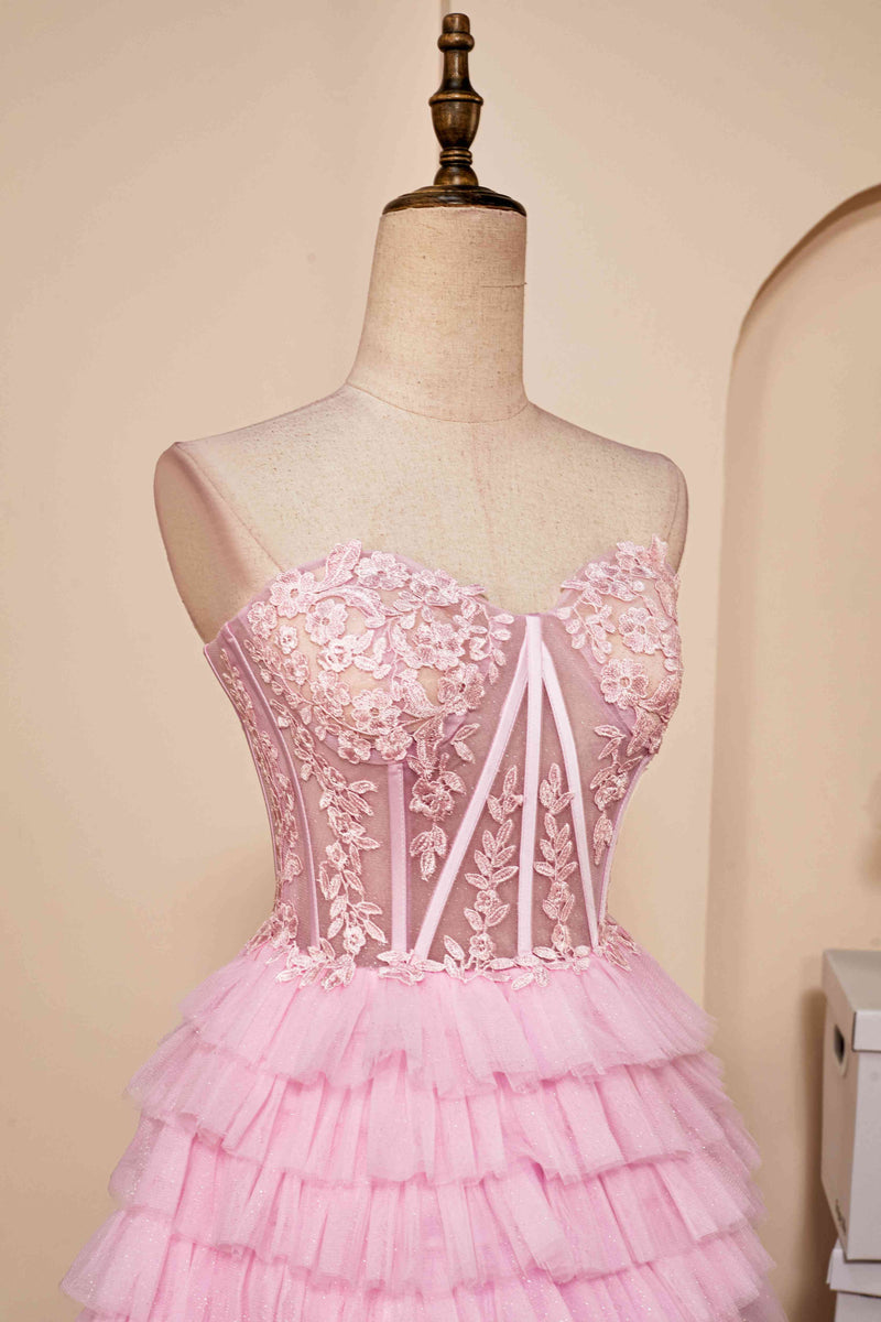 Sweetheart Pink Lace Corset Tiered Short Homecoming Dress