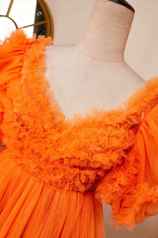 V-Neck Orange Ruffled Short Homecoming Dress with Puff Sleeves