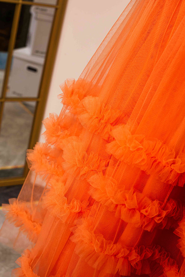 V-Neck Orange Ruffled Short Homecoming Dress with Puff Sleeves