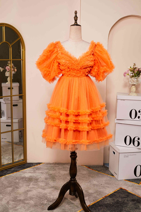 V-Neck Orange Ruffled Short Homecoming Dress with Puff Sleeves