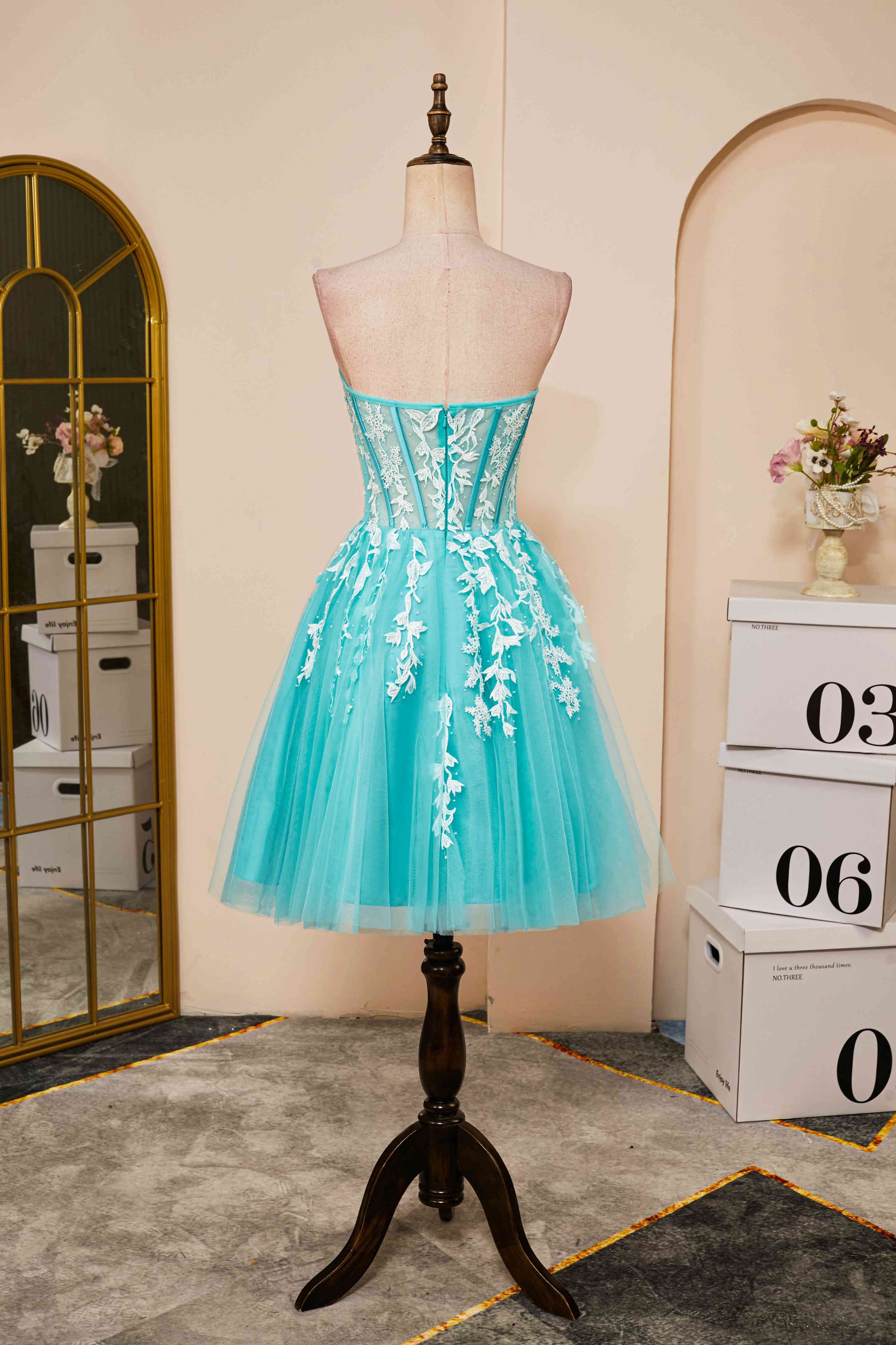 Aqua Blue Strapless A-Line Short Homecoming Dress with Appliques FancyVestido Aqua Blue Strapless A-Line Short Homecoming Dress with Appliques FancyVestido