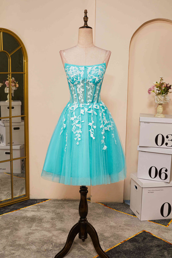 Aqua Blue Strapless A-Line Short Homecoming Dress with Appliques