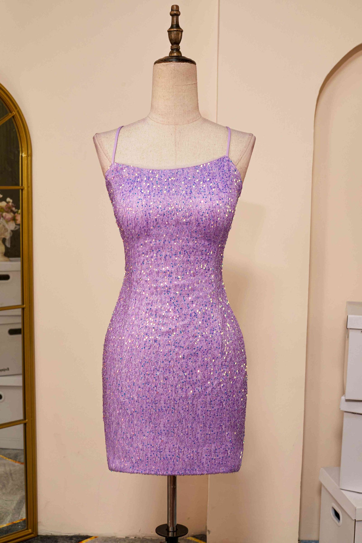 Lace-Up Lilac Sequin Tight Short Homecoming Dress