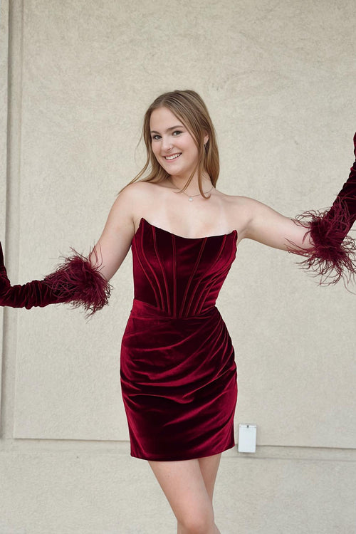 Fitted Burgundy Velvet Homecoming Dress with Feathered Gloves