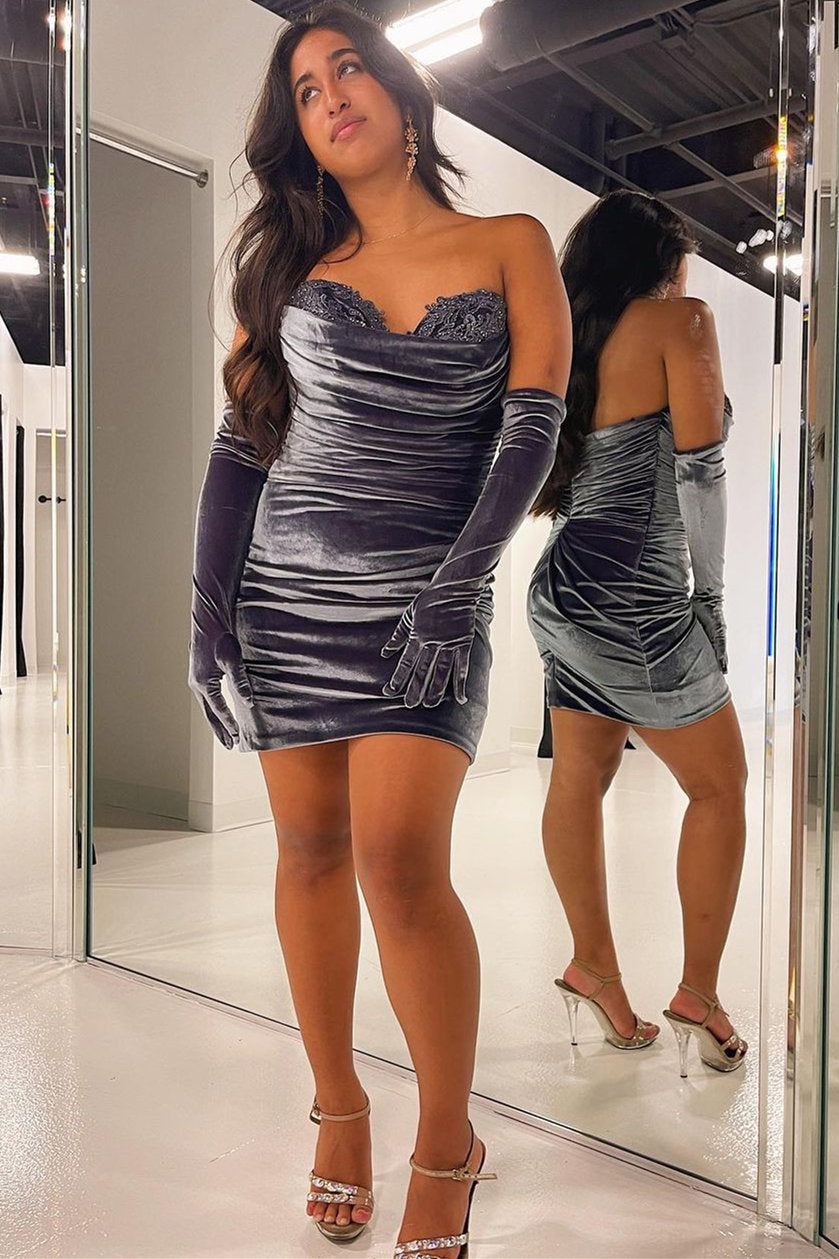 Sweetheart Grey Long Gloves Velvet Short Homecoming Dress FancyVestido Sweetheart Grey Long Gloves Velvet Short Homecoming Dress FancyVestido