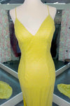 Straps Yellow Rhinestone Grid Slit Long Prom Dress