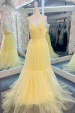 Light Yellow V-Neck Tulle A-Line Long Prom Dress