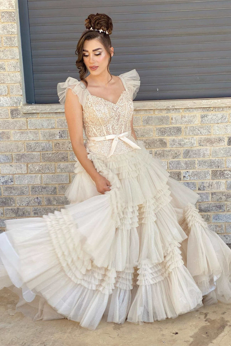 V-Neck Ivory Appliques Tiered Tulle Prom Dress with Flying Sleeves