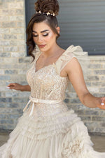 V-Neck Ivory Appliques Tiered Tulle Prom Dress with Flying Sleeves