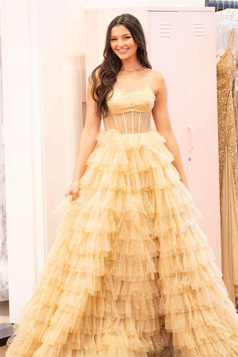 Strapless Gold Layered Tulle Long Formal Dress with Sequins