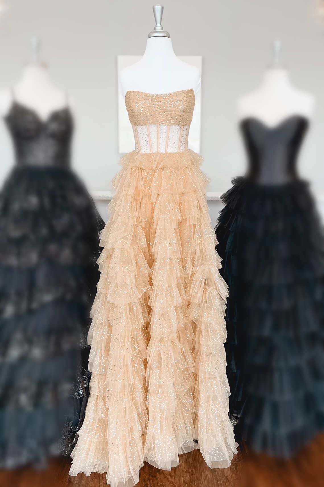 Lace and Tulle Long Strapless Dresses Gold