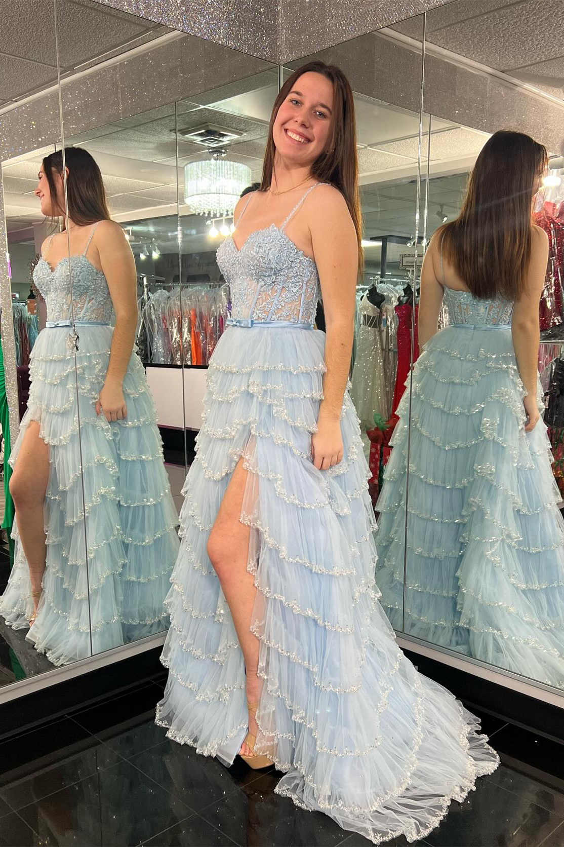 Tiered Open Back Spaghetti Straps Lace Up Tulle Long Prom Dress