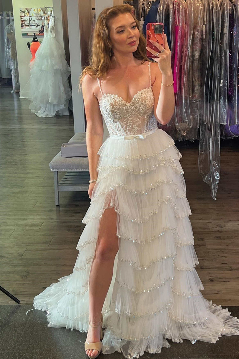 Spaghetti Straps Ivory Layered Tulle Prom Dress – FancyVestido