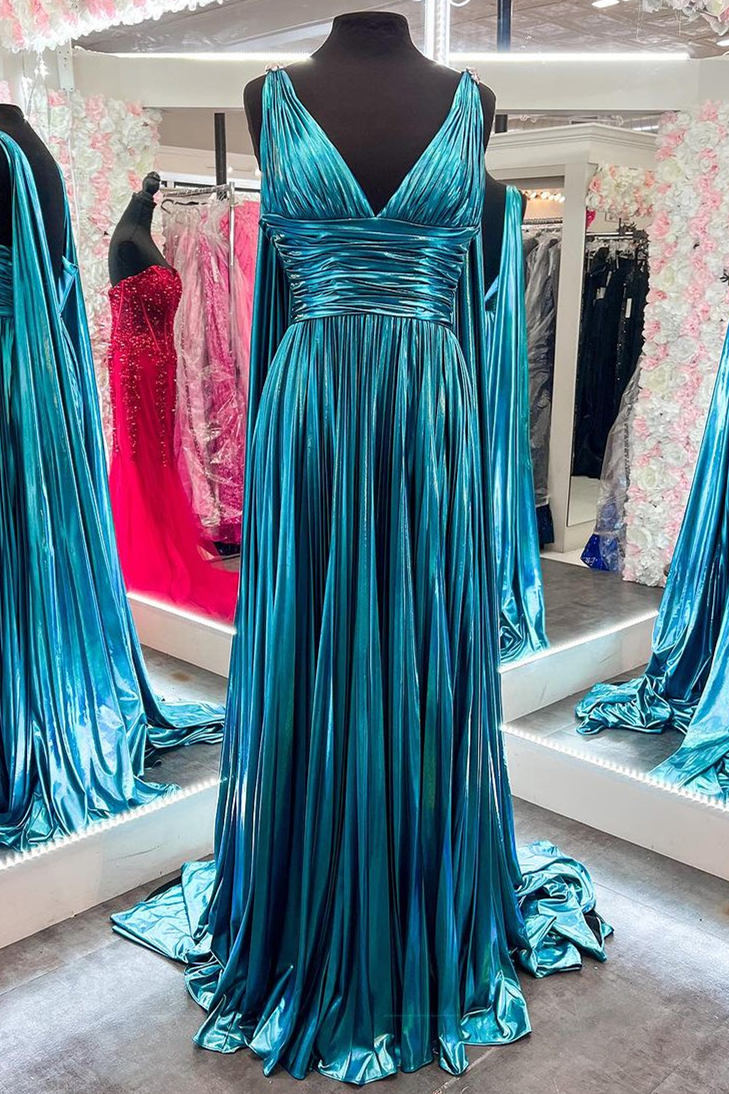 V-Neck Metallic Pleated Malachite Blue Prom Dress with Cape