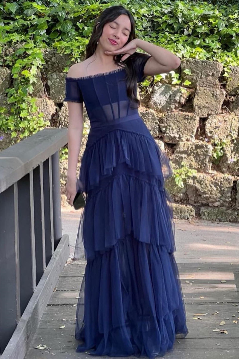 Off the Shoulder Black Tiered Tulle Lond Prom Dress