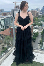 V-Neck Black Layered Tulle A-Line Prom Dress