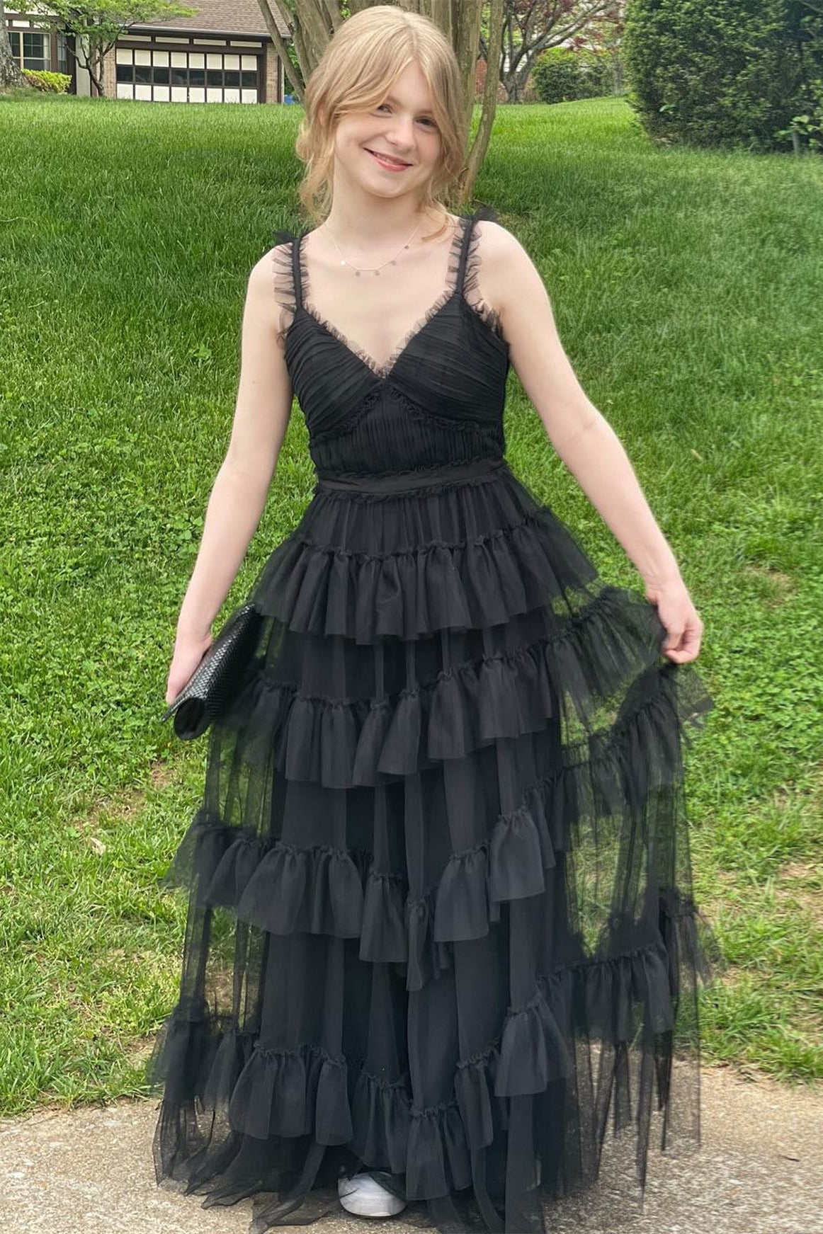 V-Neck Black Layered Tulle A-Line Prom Dress – FancyVestido