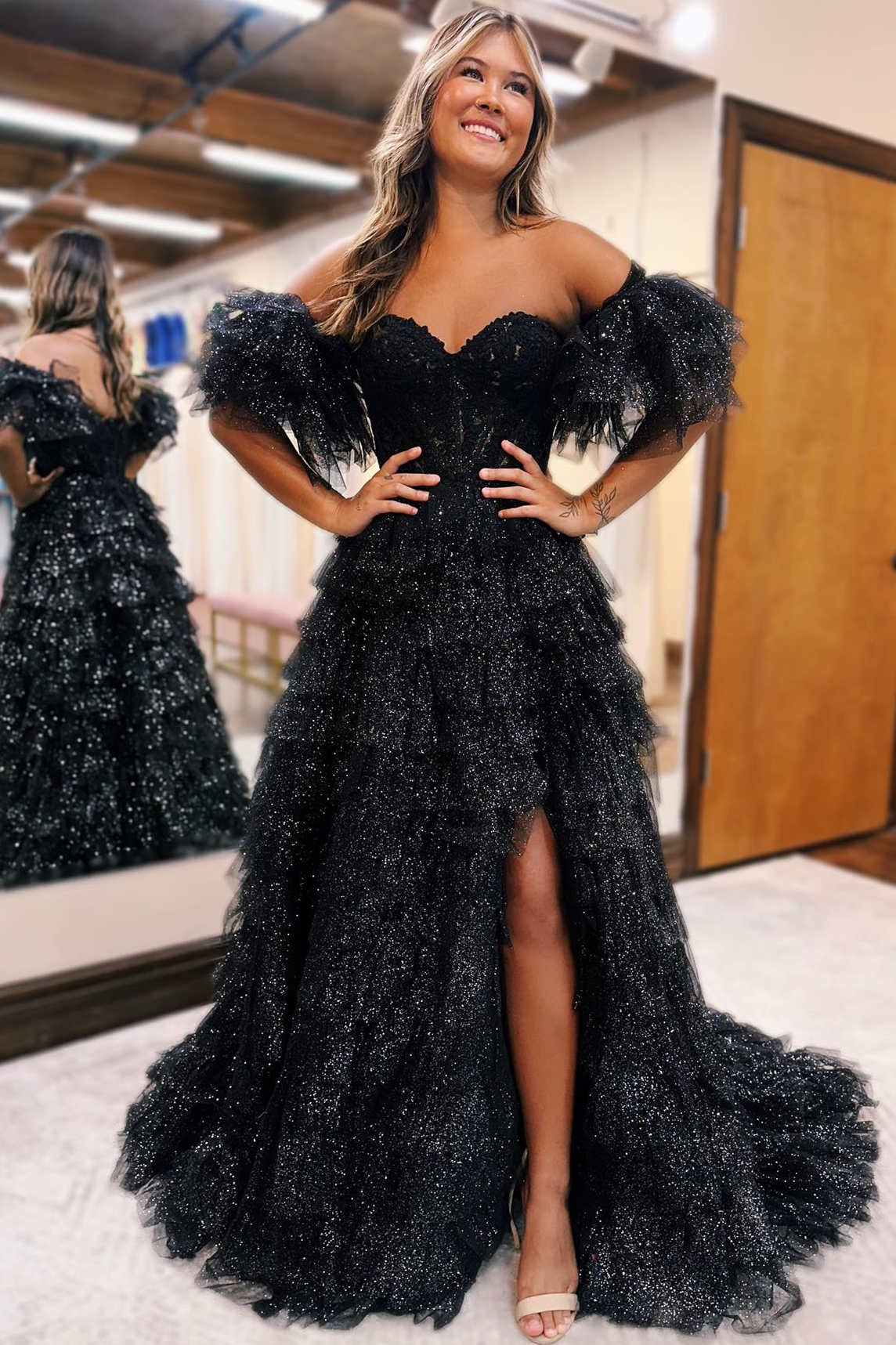 Strapless Black Corset A-Line Tiered Long Formal Dress with Slit FancyVestido Strapless Black Corset A-Line Tiered Long Formal Dress with Slit FancyVestido