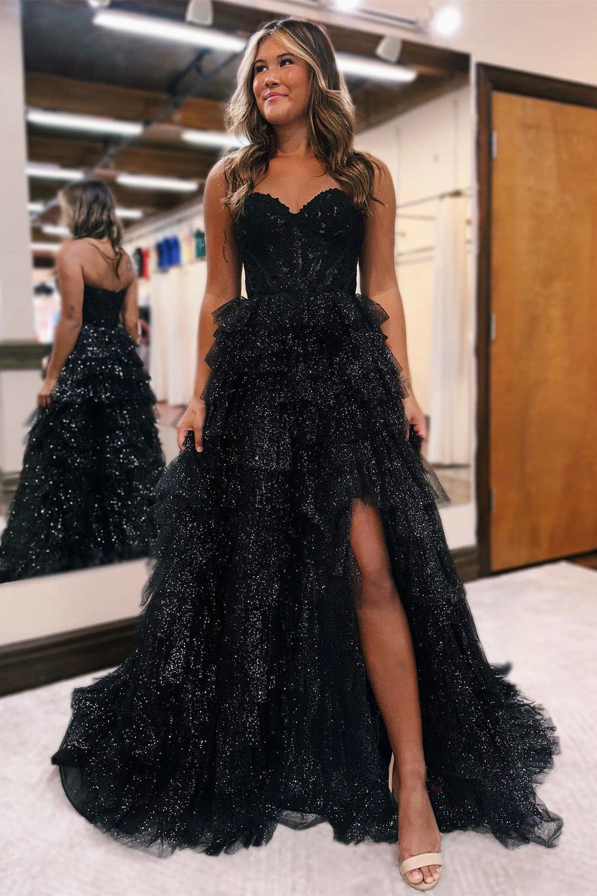 Strapless Black Corset A-Line Tiered Long Formal Dress with Slit FancyVestido Strapless Black Corset A-Line Tiered Long Formal Dress with Slit FancyVestido