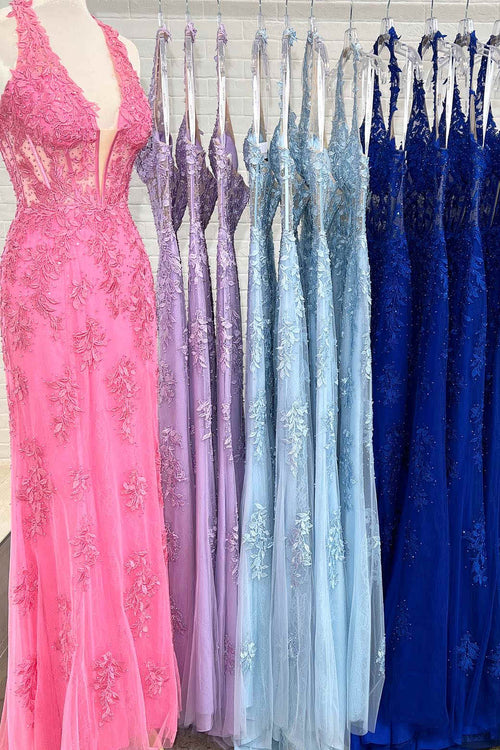 Halter Lace Corset Slit Long Prom Dress with Appliques