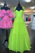 Straps Green A-Line Swiss Dot Tulle Prom Dress with Bow Tie