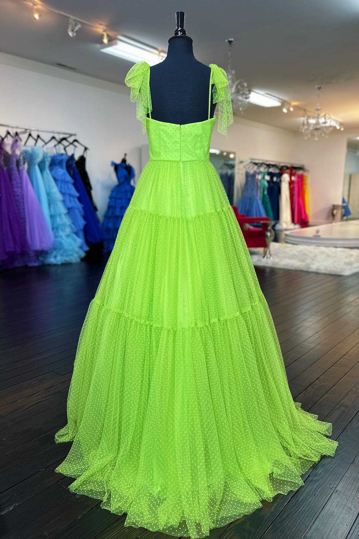 Straps Green A-Line Swiss Dot Tulle Prom Dress with Bow Tie FancyVestido Straps Green A-Line Swiss Dot Tulle Prom Dress with Bow Tie FancyVestido