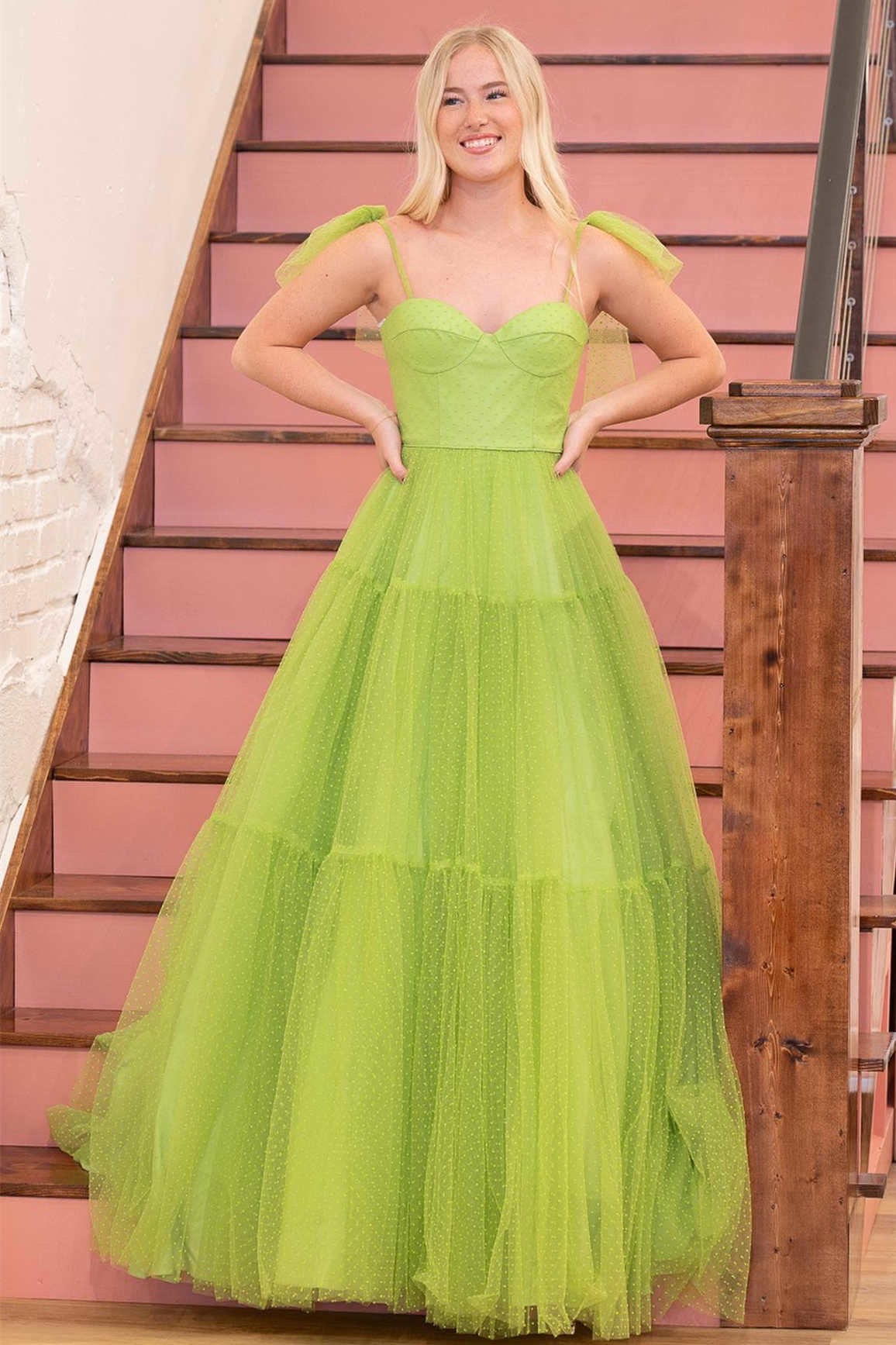 Straps Green A-Line Swiss Dot Tulle Prom Dress with Bow Tie