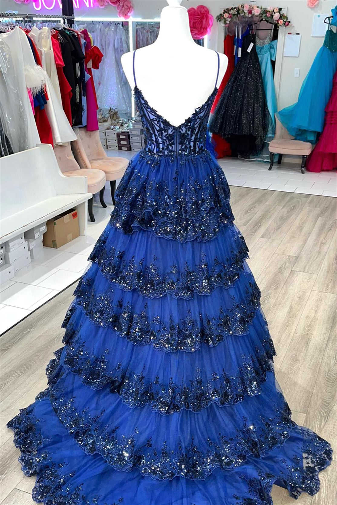 Bead Spaghetti Straps Tiered A-line White Prom Dress
