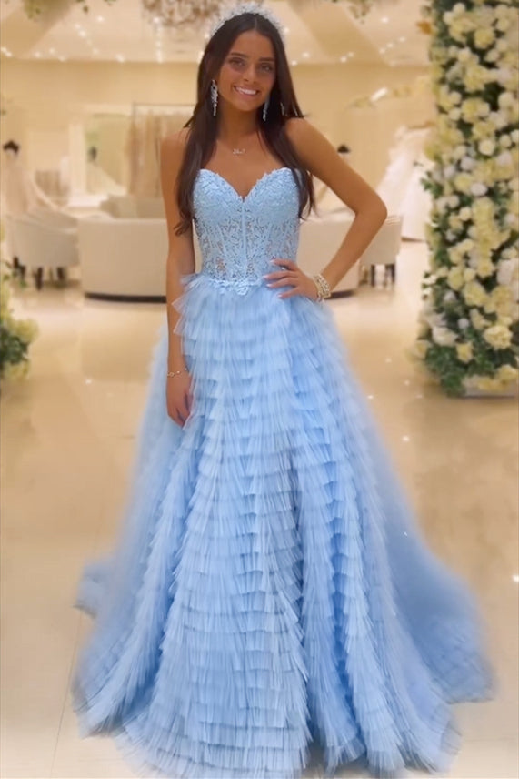 Sweetheart Yellow Lace Corset Tiered Tulle Prom Dress