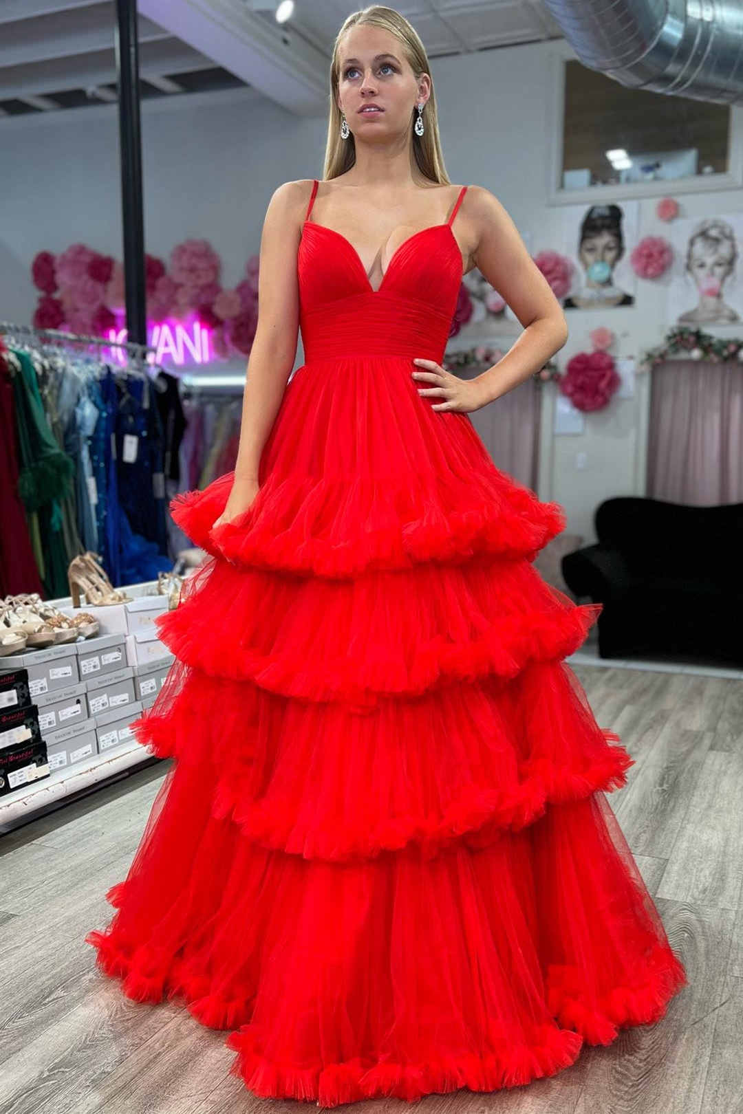 Straps Red Corset Tiered Tulle Long Formal Dress
