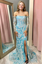 Strapless Spa Blue Appliques Long Prom Dress with Detachable Sleeves