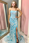 Strapless Spa Blue Appliques Long Prom Dress with Detachable Sleeves