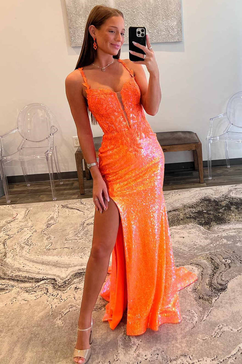 Straps Orange Sequin Long Prom Dress with Appliques
