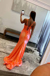 Straps Orange Sequin Long Prom Dress with Appliques