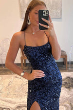 Lace-Up Navy Blue Sequin Mermaid Prom Dress