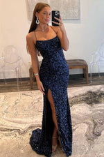 Lace-Up Navy Blue Sequin Mermaid Prom Dress
