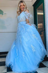 Cold Shoulder Light Blue Lace Corset Long Prom Dress with Feathers