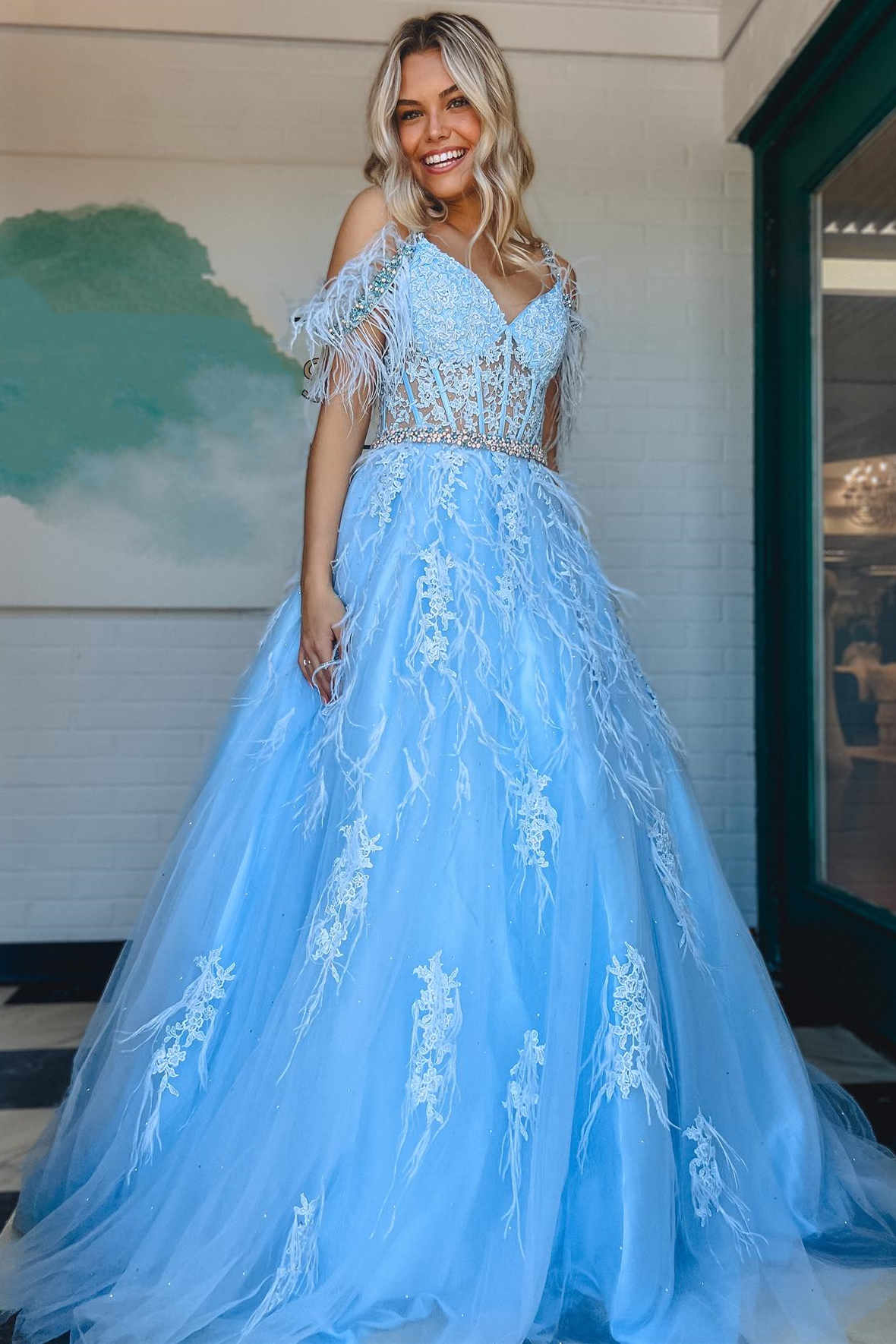 Cold Shoulder Light Blue Lace Corset Long Prom Dress with Feathers FancyVestido Cold Shoulder Light Blue Lace Corset Long Prom Dress with Feathers FancyVestido
