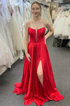 Plunging Neck Red Satin Slit Long Formal Dress with Bow