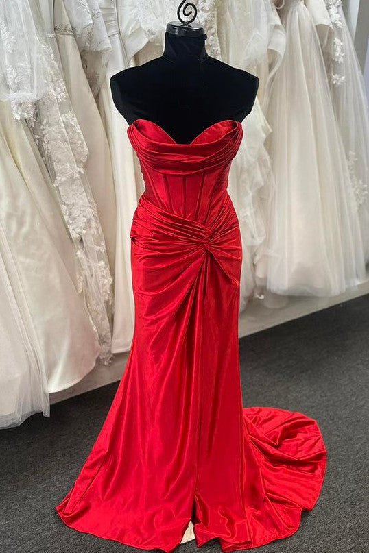 strapless open back dress Sweetheart Red Ruched Long Mermaid Prom Dress – FancyVestido