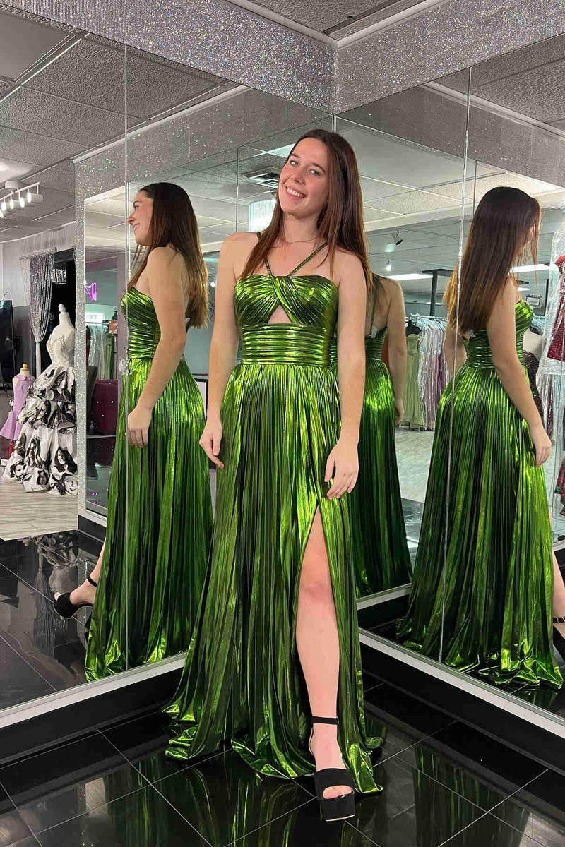 Strapless Blue Metallic Pleated Keyhole Long Dress main image 1